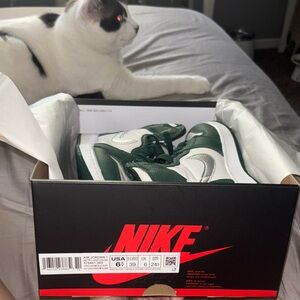 Nike Air Jordan 1 in Forest Green and White with silver swoosh